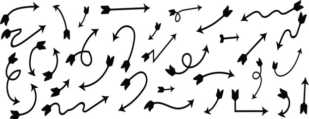 Collection of diverse hand drawn black arrows and pointers in various styles and directions on a white background