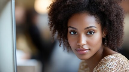 Confident woman working cafe, blurred background