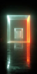 Abstract geometric glowing light tunnel with a mirrored reflection on a dark, wet surface, creating a surreal and futuristic atmosphere