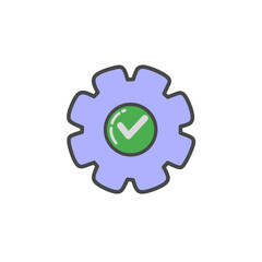 gear with a green check mark inside. Concept of settings, system configuration, approval, process management, and quality assurance.