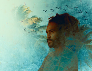 Calm thoughtful man looking away with palm trees and flying birds symbolizing mental clarity