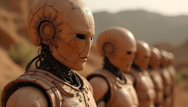 Cute but cracked clay robot with black eyes stares forward surrounded by similar figures in scene of artificial innocence and programmed uniformity