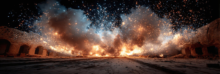 Dramatic cinematic wide shot of a massive explosion erupting from ancient ruins at night with fiery debris filling the sky