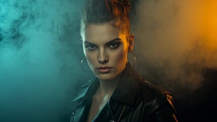 Camera rolling model in leather jacket blinking, shifting gaze for shoot in studio with vivid smoke - Powered by Adobe