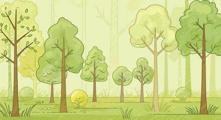 Obraz premium A charming illustration of a lush green forest with various trees and grassy ground, rendered in a soft, watercolor-like style.