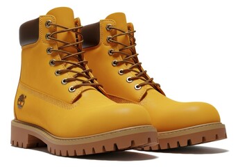 Classic yellow timberland work boots with laces isolated on white background