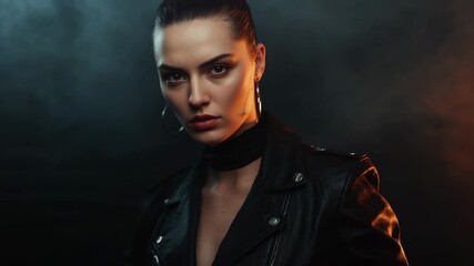 Smoke swirling around model holding gaze, raising chin in studio with leather jacket and choker - Powered by Adobe