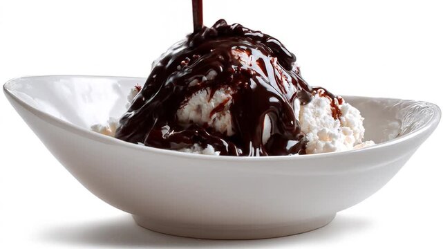 Vanilla ice cream sundae with chocolate sauce isolated on white