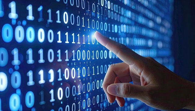 Finger pointing at binary code on a screen