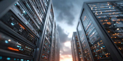 Rows of Server Racks in a Data Center, illuminated with glowing lights, representing digital information storage and cloud computing technology