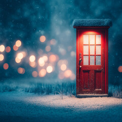 Red Door in Winter Night &ndash; Snowy Scene with Warm Light and Bokeh