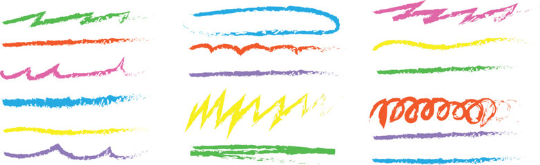 Collection of colorful abstract crayon scribbles and brush strokes on a white background representing artistic expression and creativity