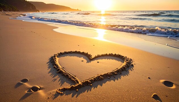 Heart drawn in sand on beach at sunset