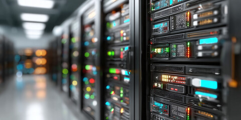 Naklejka premium Rows of Server Racks with Blinking Lights in a Data Center, Representing Technology and Digital Infrastructure