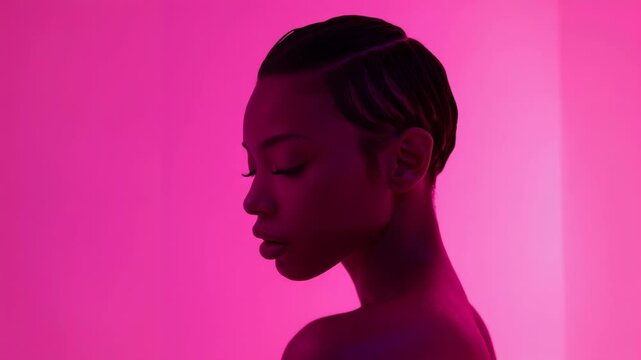 Glancing left, strapless model turning to profile, closing eyes at pink-lit studio, copy space