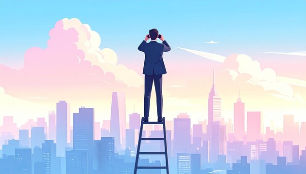Businessman on ladder, looking through binoculars at cityscape (1) - Powered by Adobe