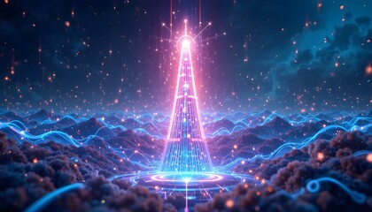 Stunning futuristic landscape with vibrant neon colors and geometric designs, ideal for cutting-edge tech branding and innovative product launches