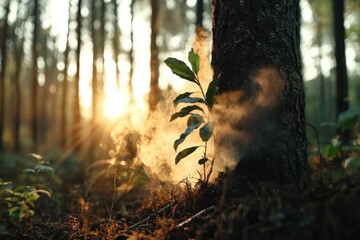 Wilting trees struggling against air pollution in a forest nature photography serene environment captured at sunset environmental awareness