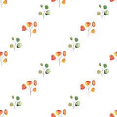 orange and green eucalyptus watercolor leaves on white background, hand drawn, seamless pattern