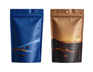 Two stand-alone, zippered coffee pouches, one dark blue and one light brown, featuring graphics of coffee beans and a landscape