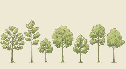 Various stylized illustrations of different types of trees, showcasing diverse shapes and foliage