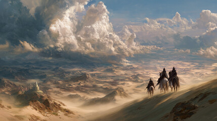 Epic Fantasy Desert Landscape with Riders on Horses