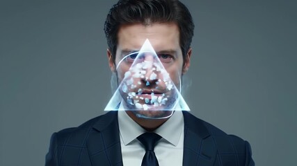 Concentrated Businessman Interacting with Digital Interface in Dark Suit Against Gray Background Illuminated with Soft Lighting and Geometric Visuals - Powered by Adobe