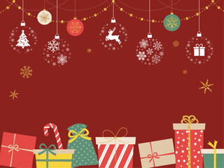 クリスマスプレゼントとオーナメントの背景赤_ベクターイラスト