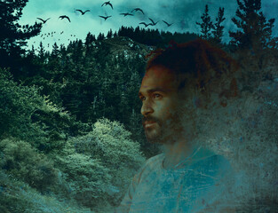 Contemplative man in forest with overlay of flying birds symbolizing mental escape