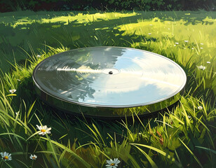 A golden, shiny musical cymbal from a drum kit, resting on green grass in the sunlight. A concept for music, festivals, and nature. Generative AI