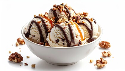 Creamy ice cream scoops, drizzled with chocolate and caramel, topped with nuts, in a white bowl