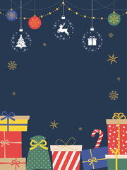 クリスマスプレゼントとオーナメントの背景_縦長_ベクターイラスト