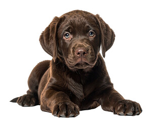 Fototapeta premium Chocolate Labrador puppy, lying down, looking directly at viewer (2)
