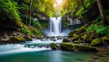 Natural waterfall in green jungle landscape.