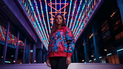 Zooming camera revealing model posing under LED tunnel at night urban corridor, with floral jacket - Powered by Adobe