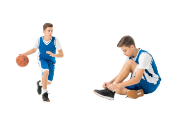 Young Boy Dribbling and Tying Shoes in Basketball Uniform
