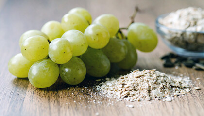 Close up view of ripe green grapes, Background of ripe grapes. oats and grains. 