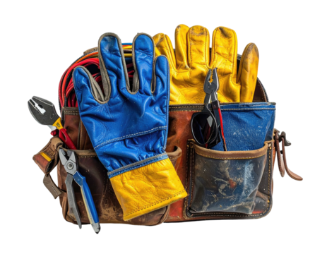 Utility bag with work gloves, tools, and cables