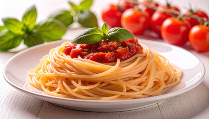 Spaghetti pasta with tomato sauce and basil. Homemade Italian spaghetti. 