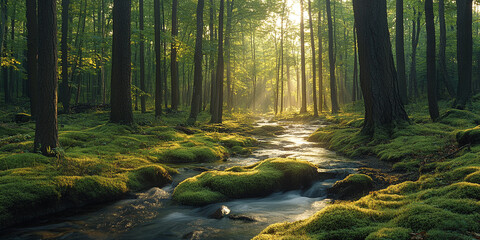 Fototapeta premium serene forest scene with sunlight filtering through trees, illuminating mossy stream. tranquil atmosphere invites peace and reflection