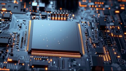 A close-up view of a computer motherboard featuring a central processing unit, highlighted by glowing lights and intricate circuitry. - Powered by Adobe