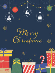 クリスマスプレゼントとオーナメントの背景_縦長_文字あり_ベクターイラスト