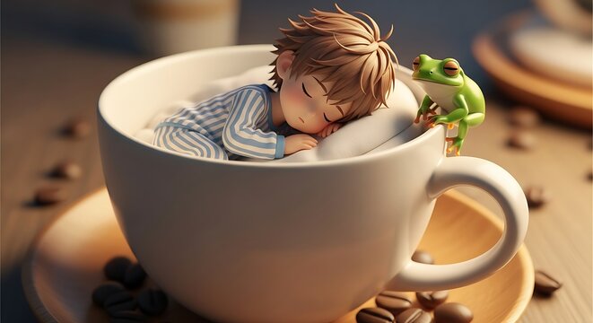 Child Sleeping in a Coffee Cup with Frog.