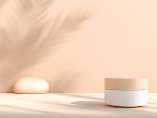 Minimalist flat lay of cleansing balm jar on beige background. premium beauty concept. 