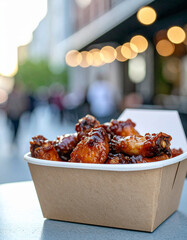 A close-up of saucy chicken wings in a trendy, eco-friendly takeout container. 