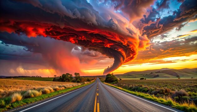 Dramatic sunset over a road, with fiery clouds and storm