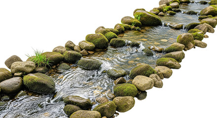 High-angle view of a clear, bubbling stream flowing over mossy stones and pebbles, isolated on white background.
