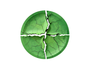 A vibrant, emerald green circle, fractured into four segments by deep, dark veins radiating outward.  The veins have a slightly textured, almost organic appearance