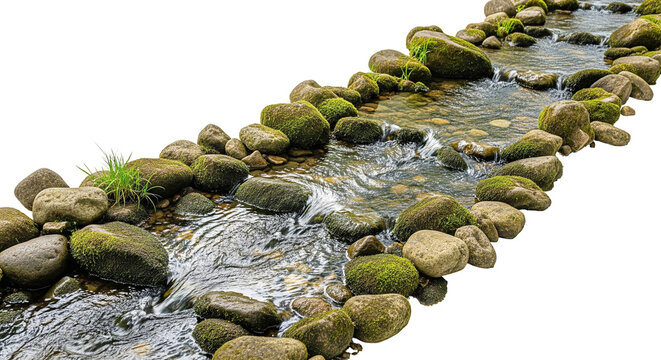 High-angle view of a clear, bubbling stream flowing over mossy stones and pebbles, isolated on white background.
- Powered by Adobe