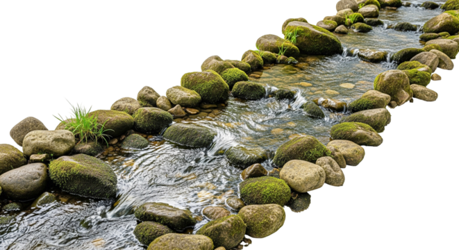 High-angle view of a clear, bubbling stream flowing over mossy stones and pebbles, isolated on white background.